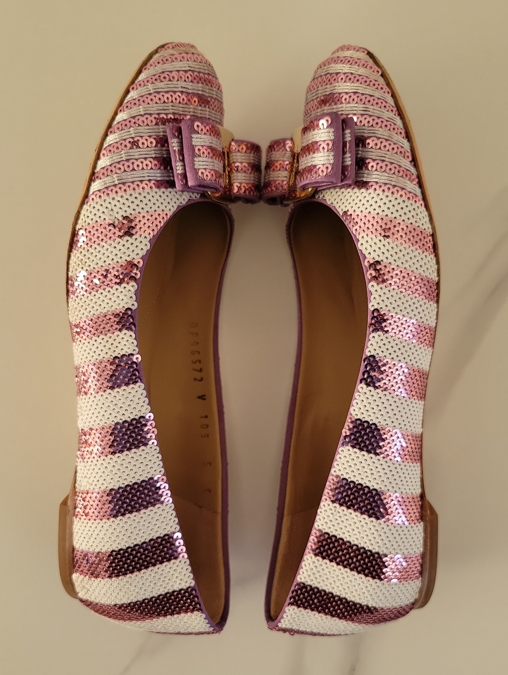 Salvatore Ferragamo Pink & White Sequined Bow Ballet Flats - Picture 8 of 16